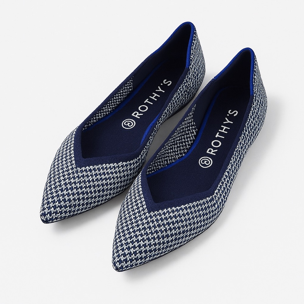 Rothy’s The Point Navy Blue & White Houndstooth Knit Ballet Flats Women’s 8.5